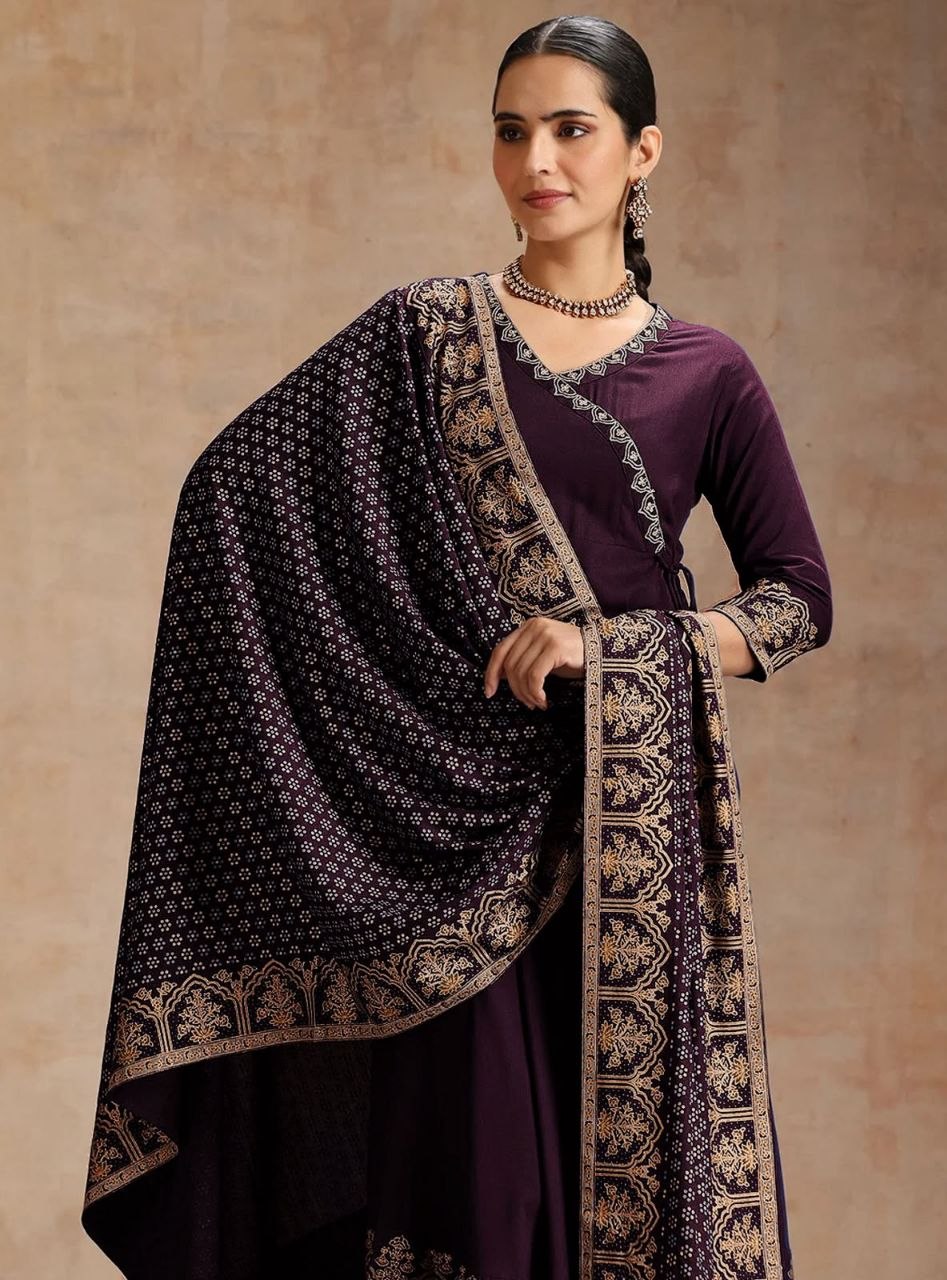 Women’s Plum Purple Printed Anarkali Suit Set with Designer Dupatta