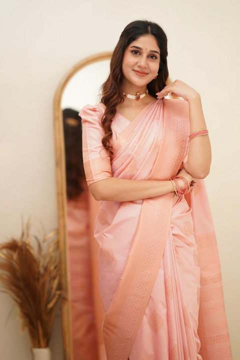 Women's Light Peach Silk Blend Saree with Elegant Solid Weave & Designer Border