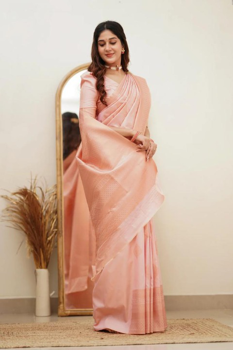 Women's Light Peach Silk Blend Saree with Elegant Solid Weave & Designer Border