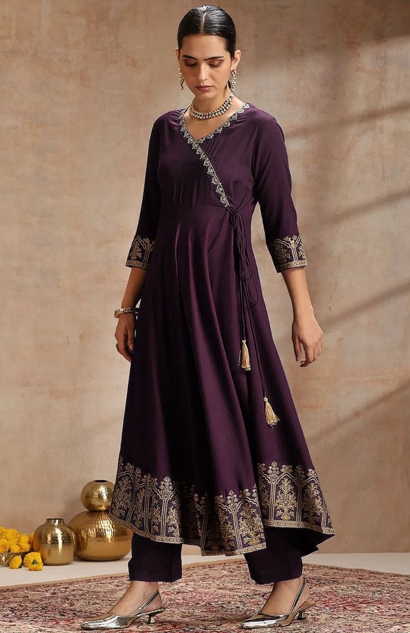 Women’s Plum Purple Printed Anarkali Suit Set with Designer Dupatta