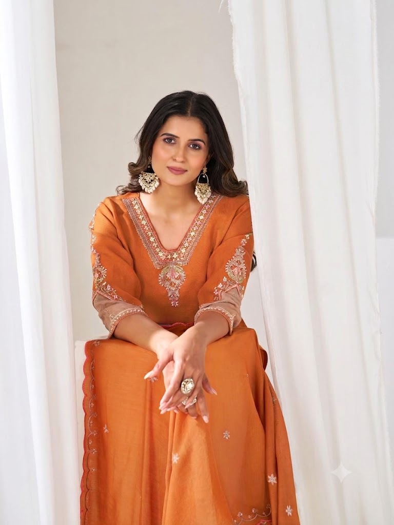 Rust Orange Embroidered Kurta Pant & Dupatta Set for Women