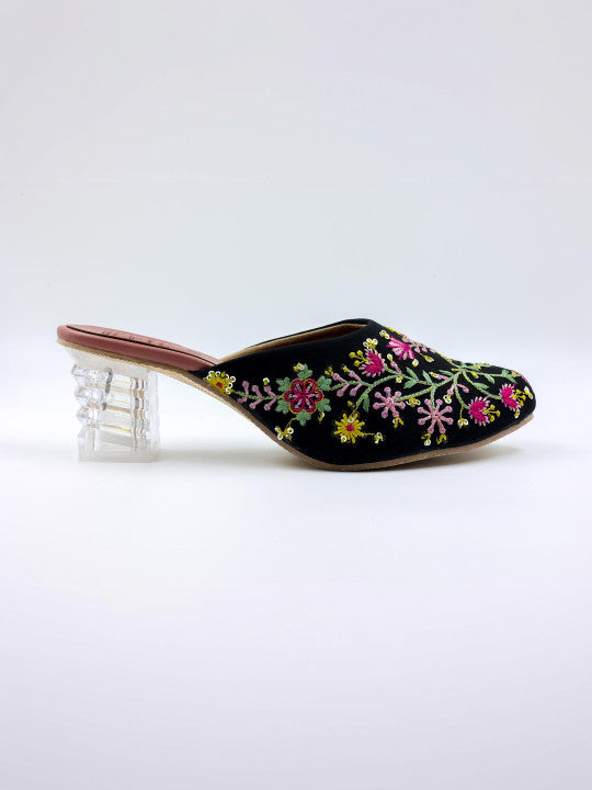 Women's Black Floral Embroidered Transparent Block Heel Mule Sandals