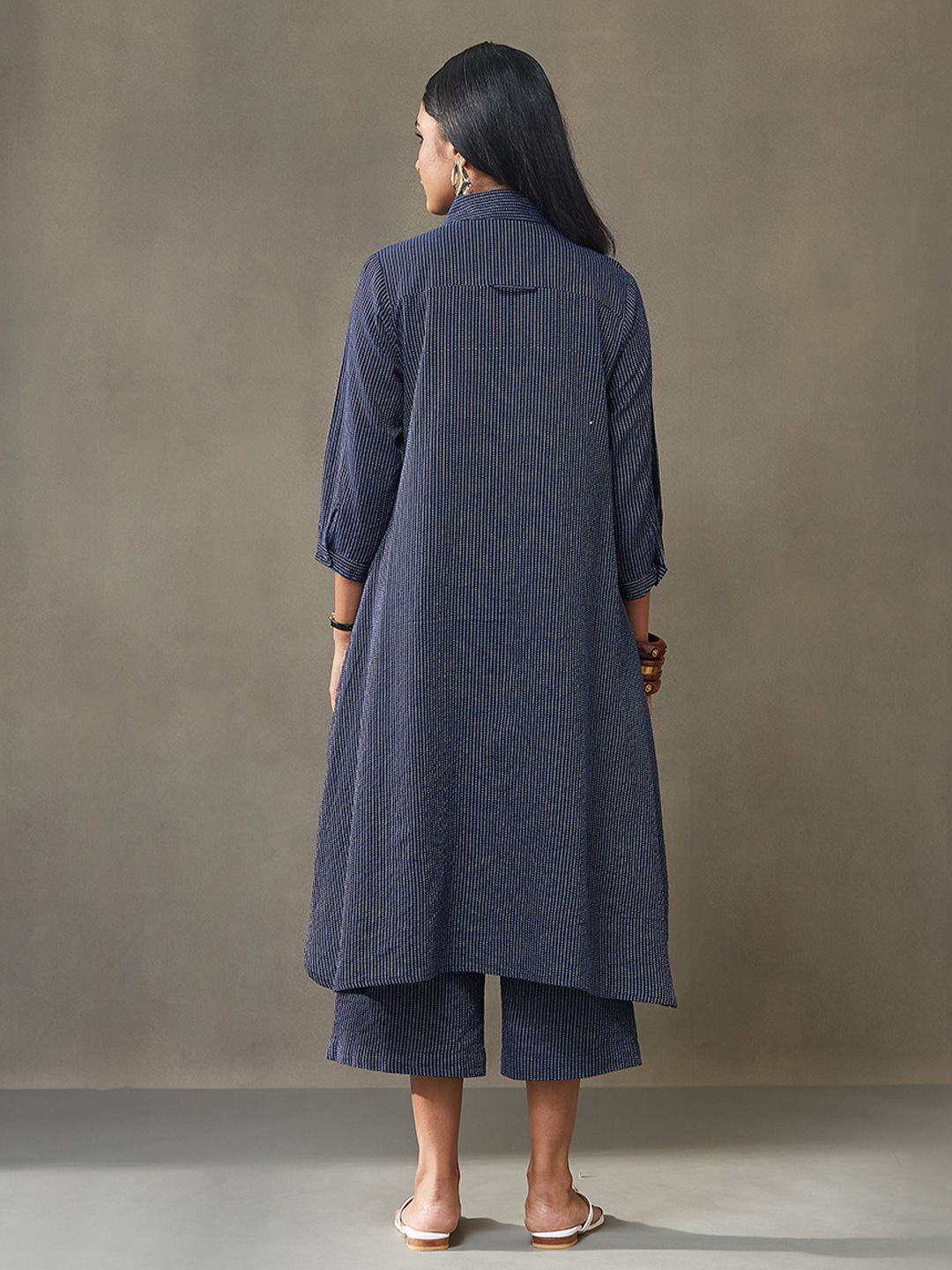 Women’s Navy Blue Striped Kurta with Culottes Set