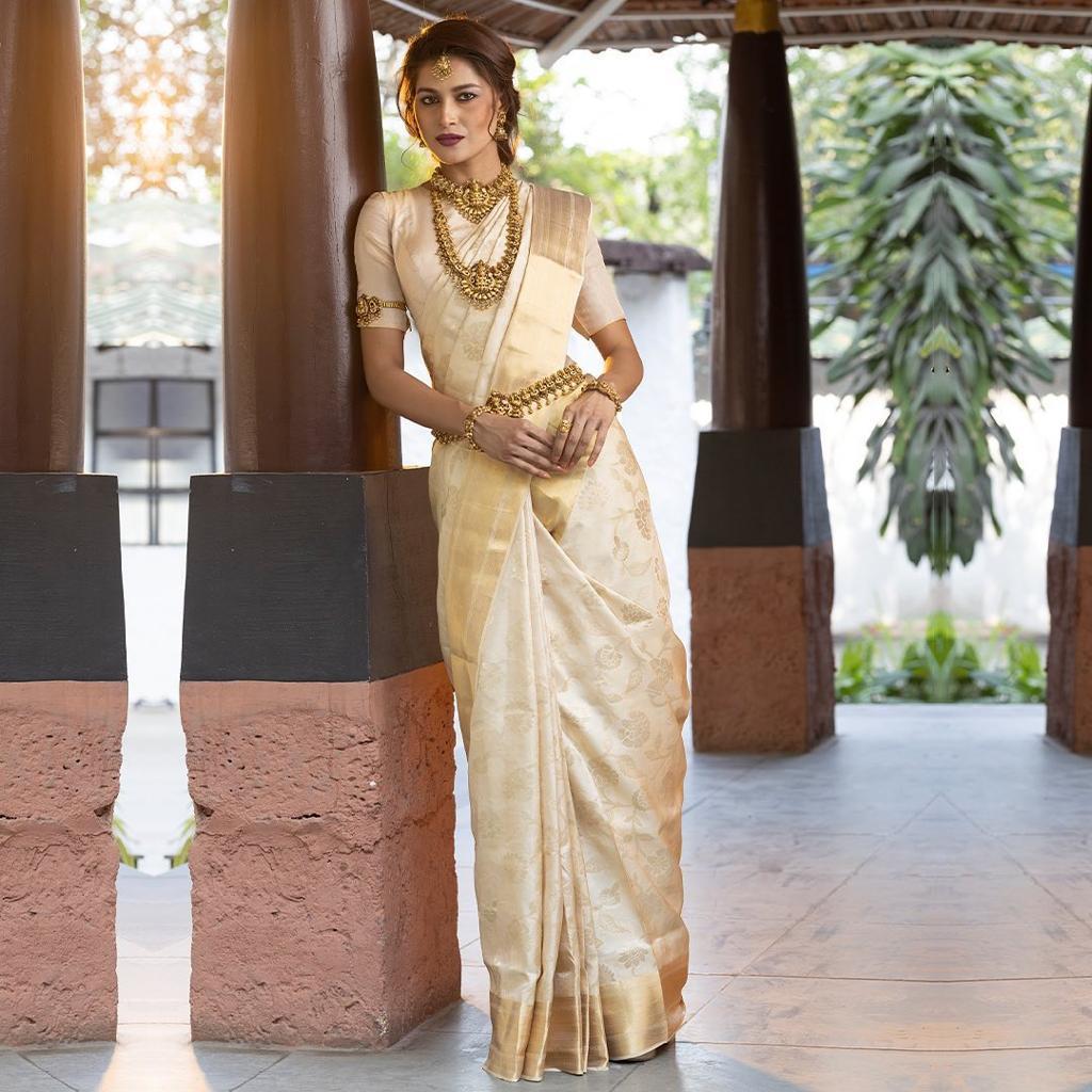 Classic Ivory Banarasi Silk Saree with Golden Zari Weaving