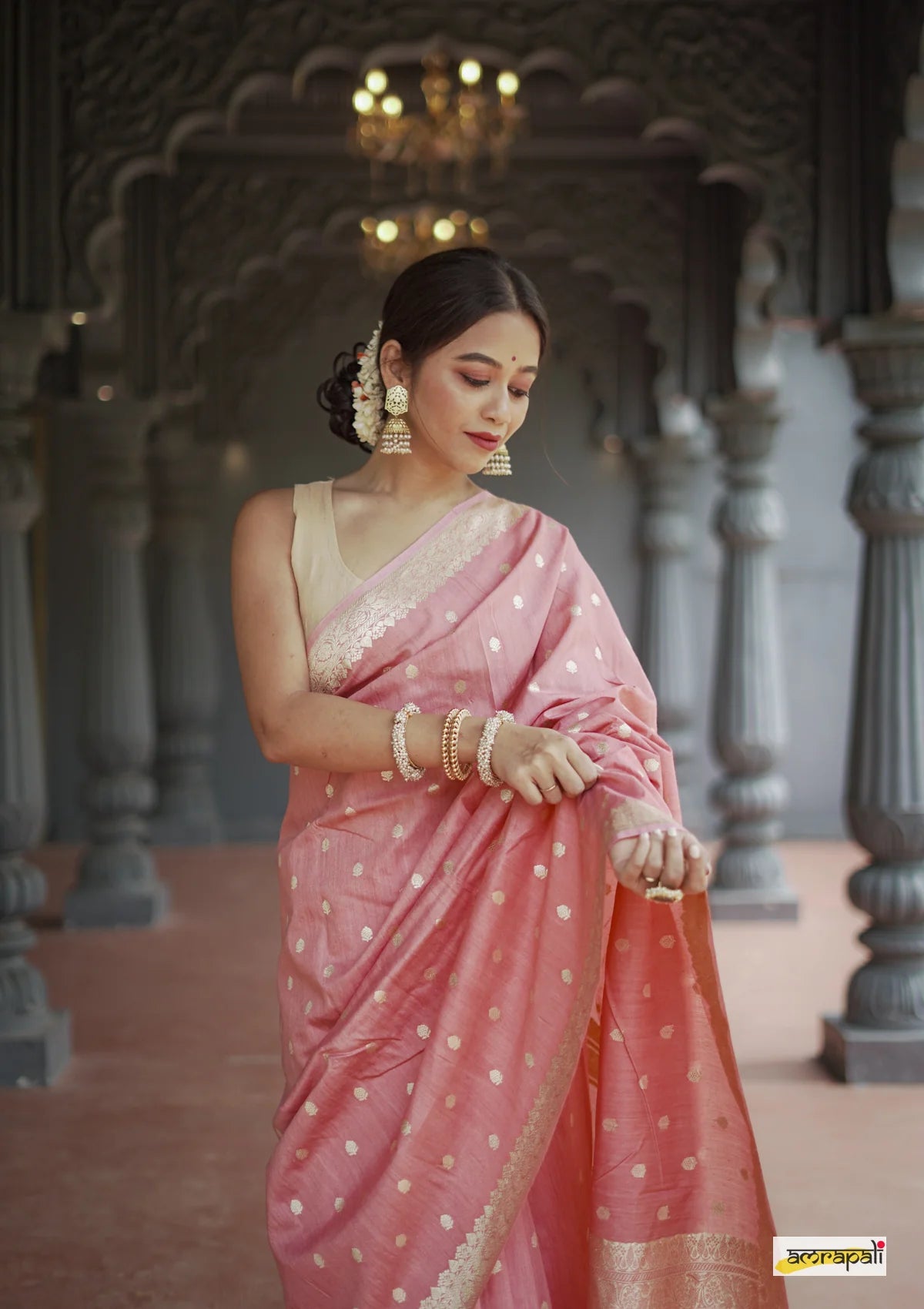 Women's Blush Pink Silk Saree with Golden Zari Border