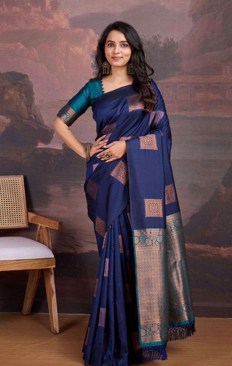 Women's Navy Blue Silk Blend Saree with Zari Woven Motifs & Rich Designer Border