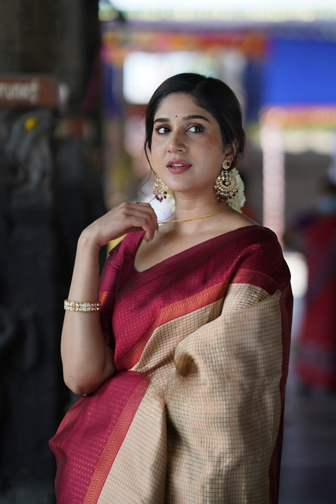 Beige Gold Banarasi Silk Saree with Maroon Contrast Border