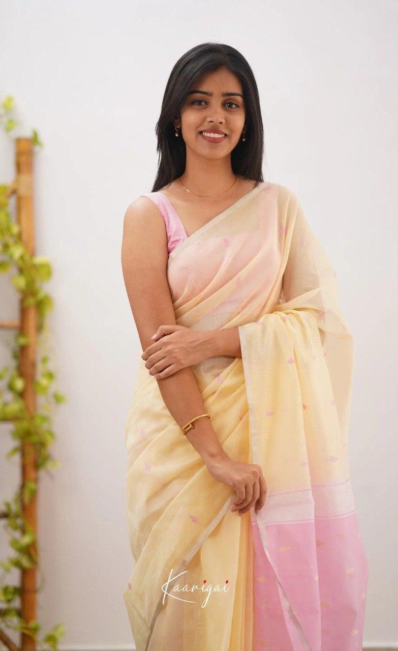 Women's Cream Organza Saree with Soft Pink Contrast Pallu & Delicate Woven Motifs