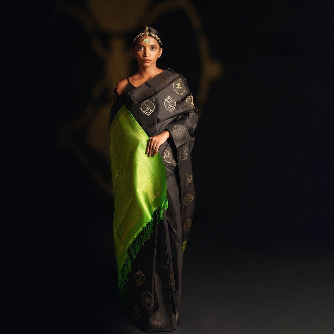 Elegant Charcoal Black & Lime Green Designer Saree with Woven Motifs