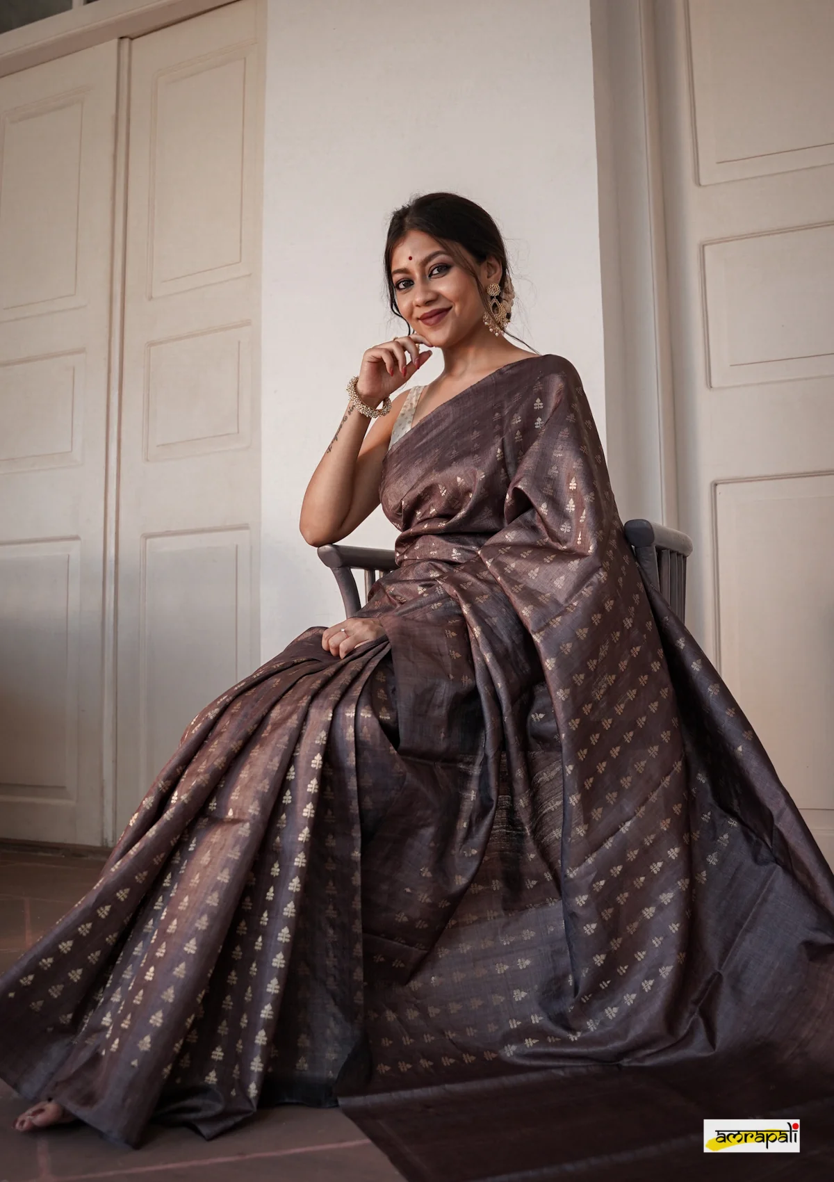 Women's Coffee Brown Silk Blend Saree with Golden Woven Motifs & Designer Pallu