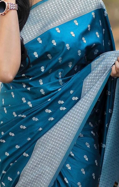 Women's Emerald Blue Printed Saree with Silver Border