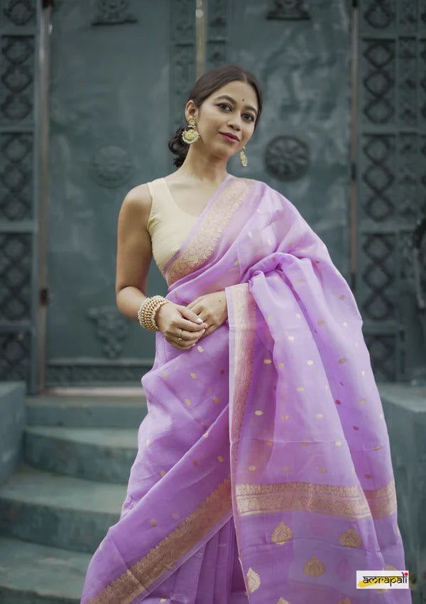 Women's Lavender Silk Saree with Golden Zari Border