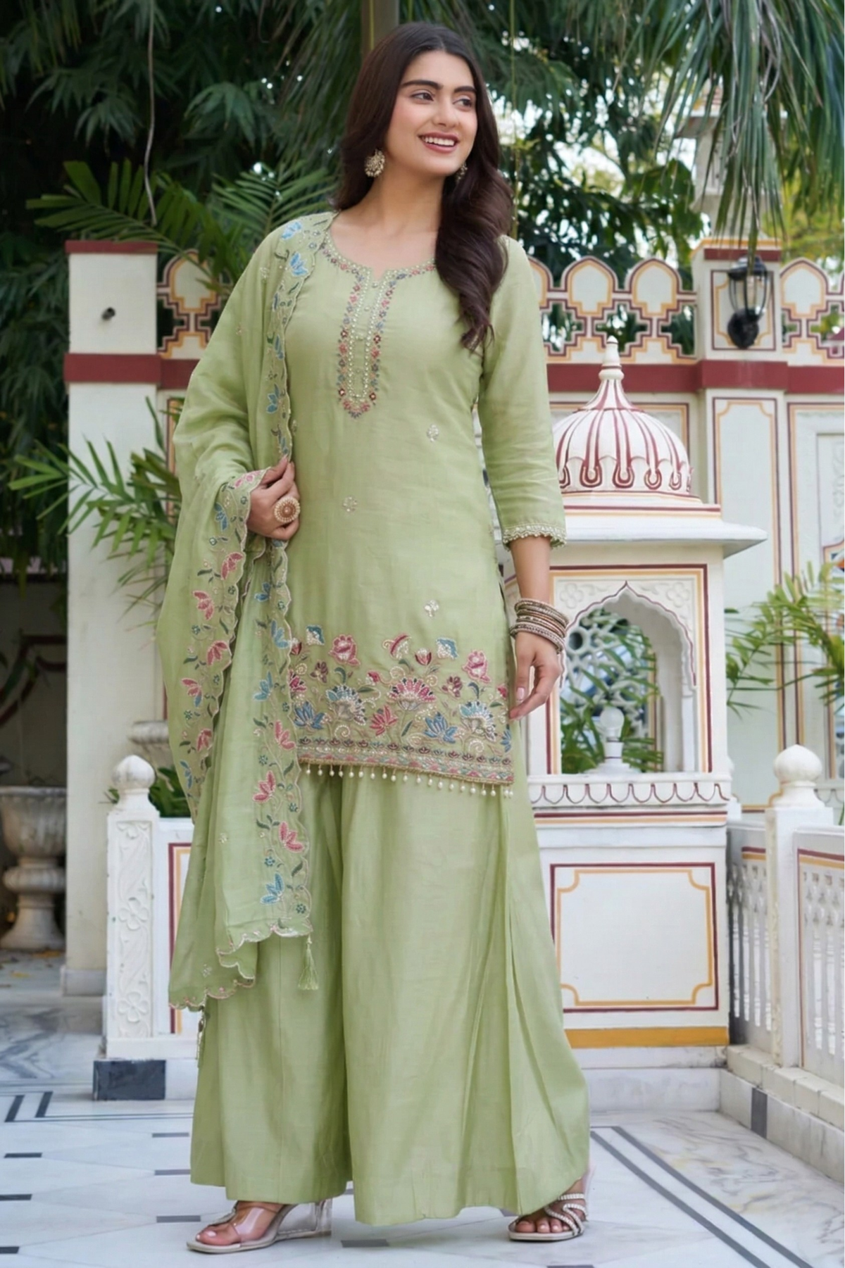 Pastel Green Embroidered Kurta Set with Palazzo & Floral Dupatta for Women