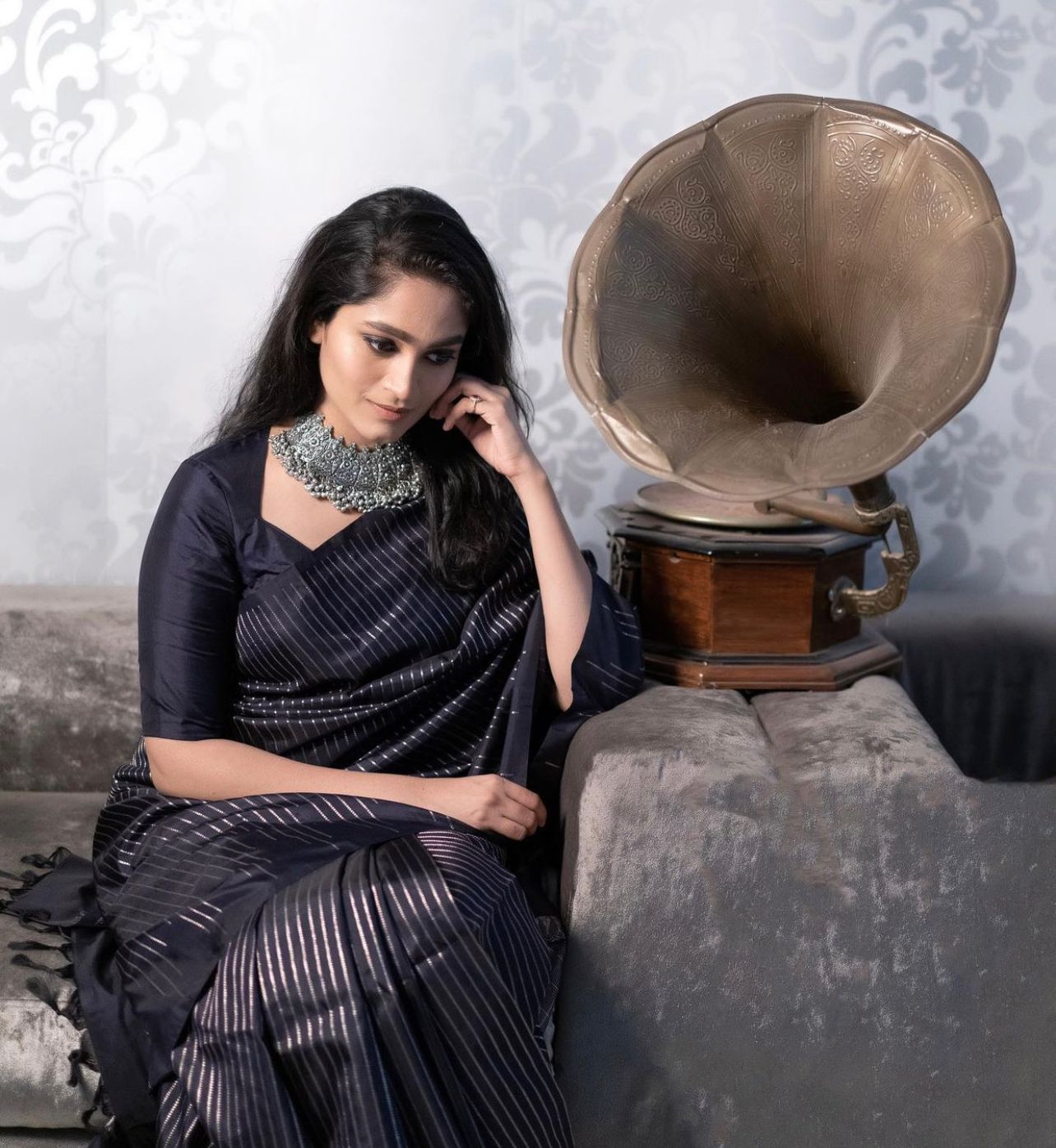 Women's Midnight Black Linen Silk Saree with Metallic Striped Design & Designer Tassel Pallu