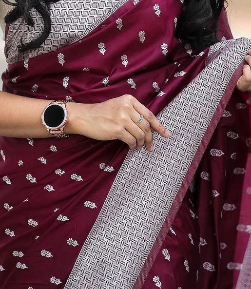 Women's Emerald Wine Printed Saree with Silver Border