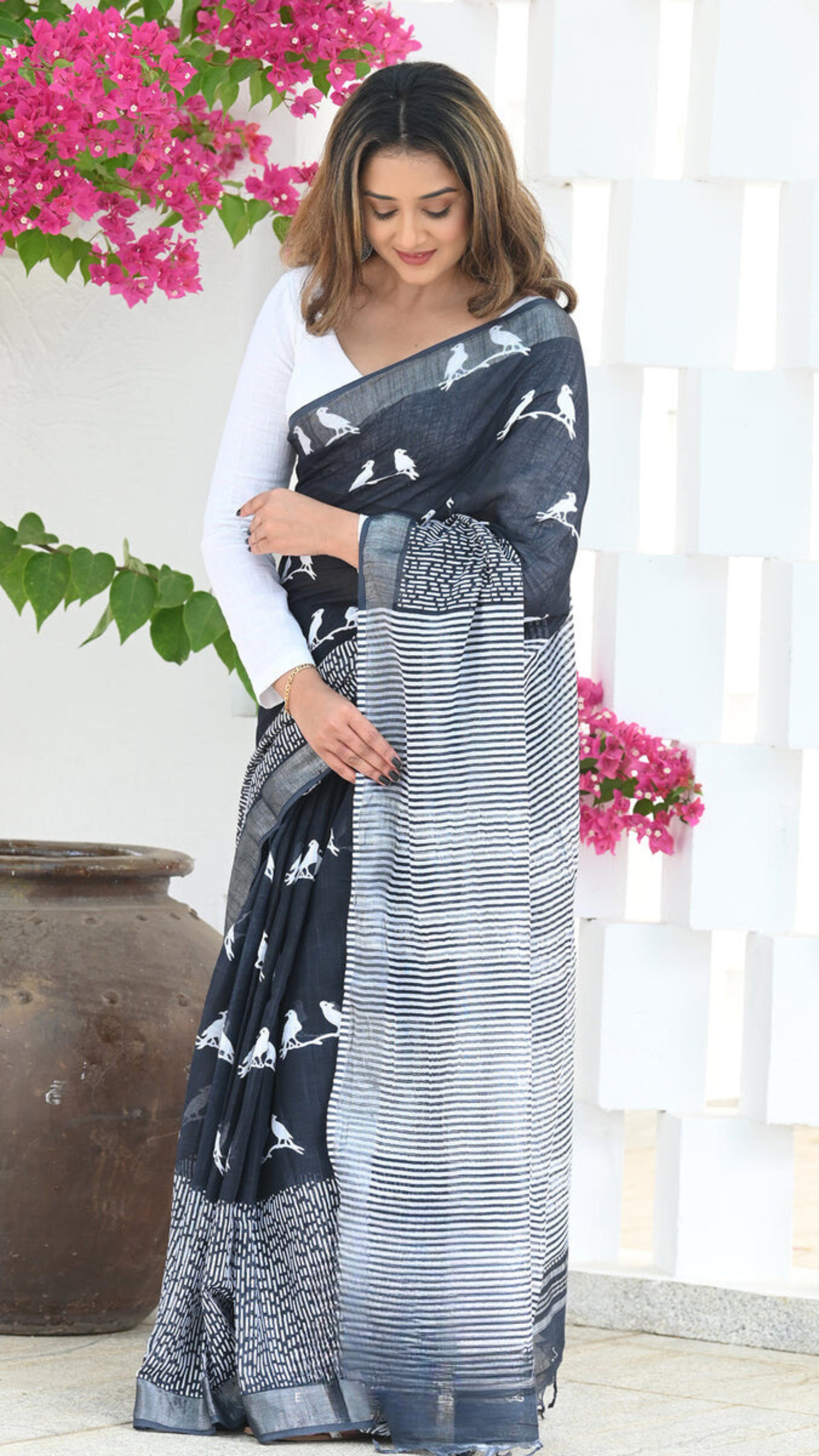 Women's Black Printed Saree with White Bird Motifs