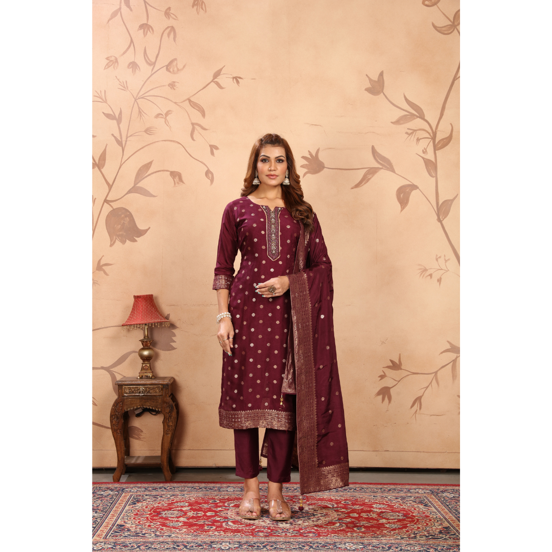 Ethnic Motifs Sequinned Chanderi Silk Kurta With Trousers & Dupatta