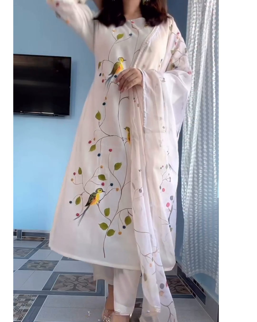 Elegant White Bird Print Cotton Suit Set with Dupatta for Women | Premium Ethnic Wear