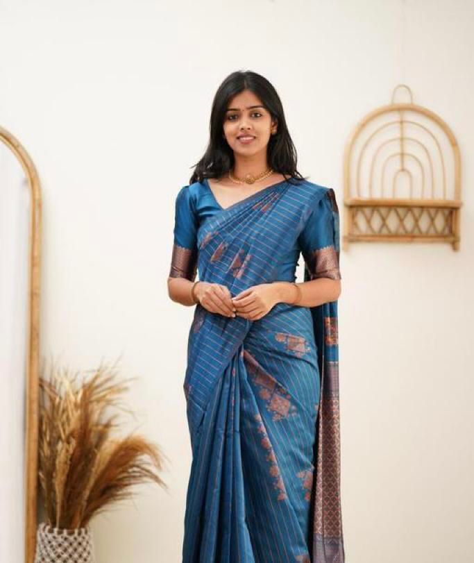 Royal Teal Blue Designer Saree with Copper Woven Pattern