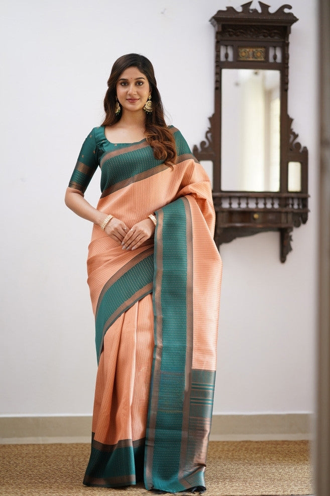 Peach & Teal Soft Silk Saree with Elegant Contrast Border
