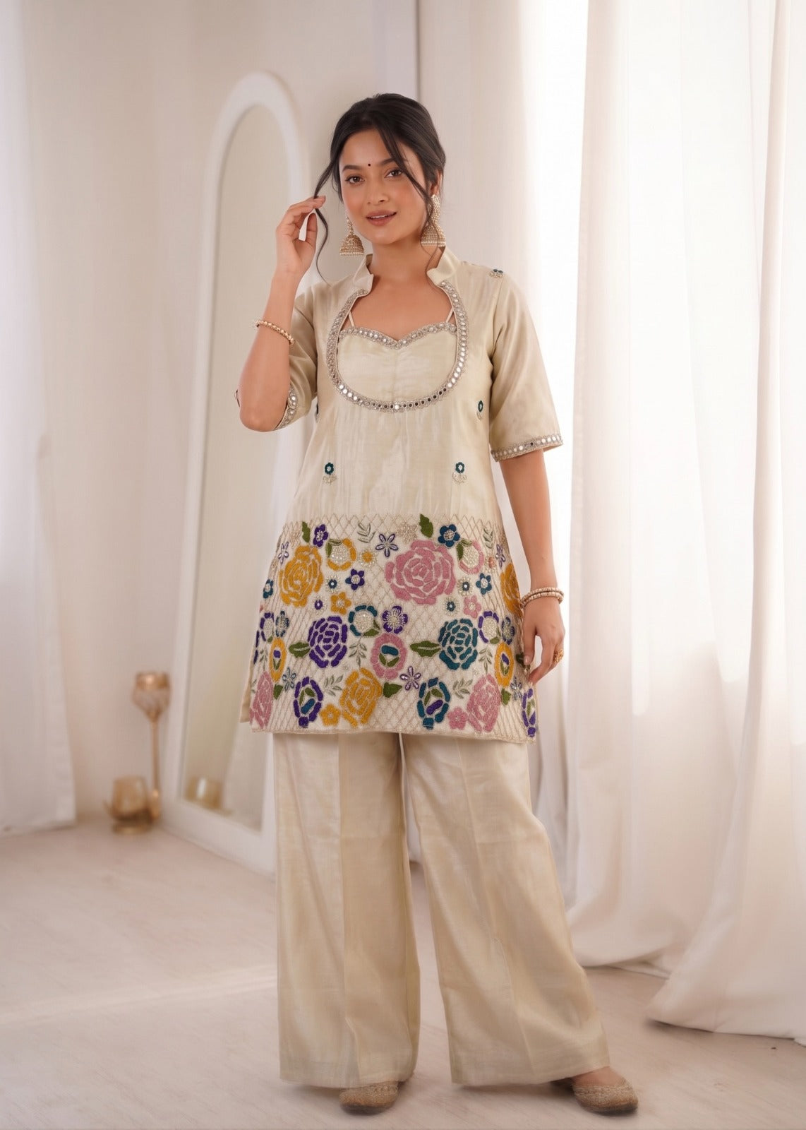 Ivory Floral Embroidered Kurta Palazzo Set