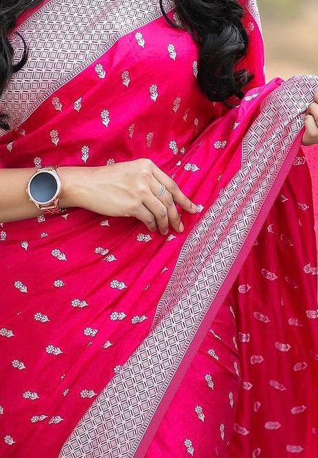 Women's Emerald Pink Printed Saree with Silver Border