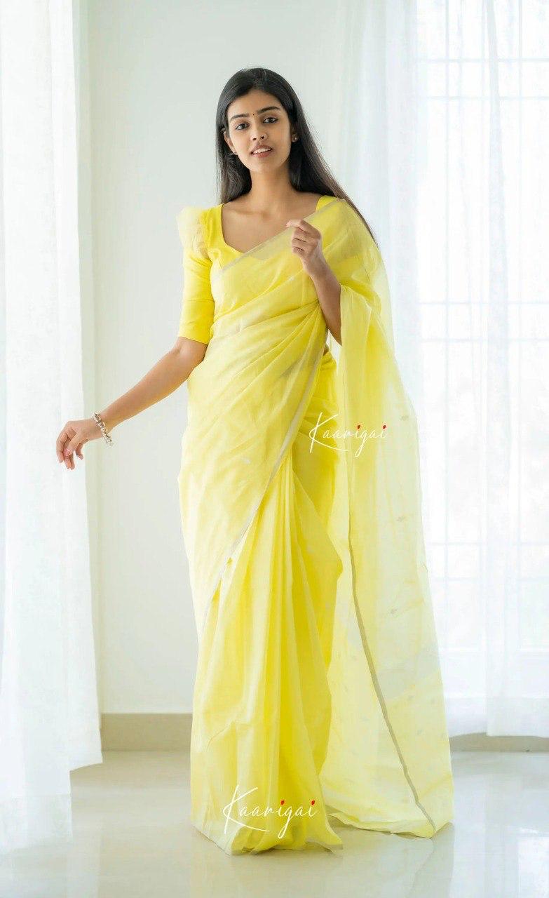 Women's Lemon Yellow Organza Saree with Minimal Woven Motifs & Elegant Border