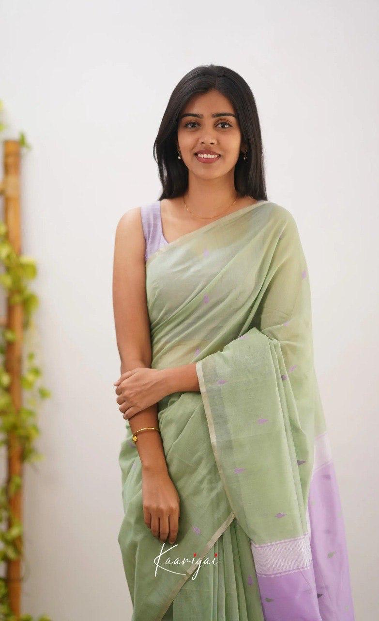 Women's Sage Green Organza Saree with Delicate Woven Motifs & Lavender Contrast Pallu