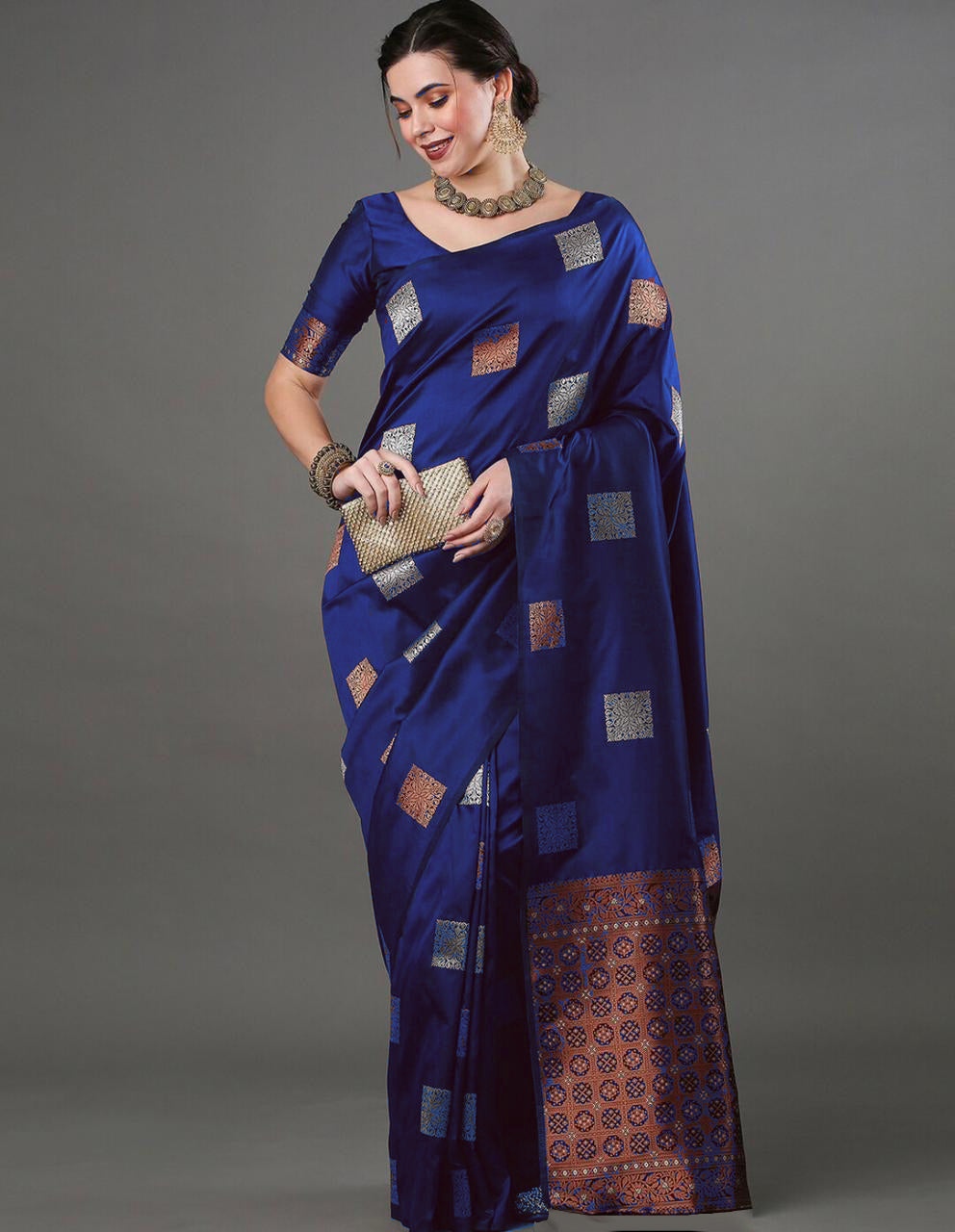 Royal Blue Banarasi Style Silk Saree with Rich Copper Zari Border