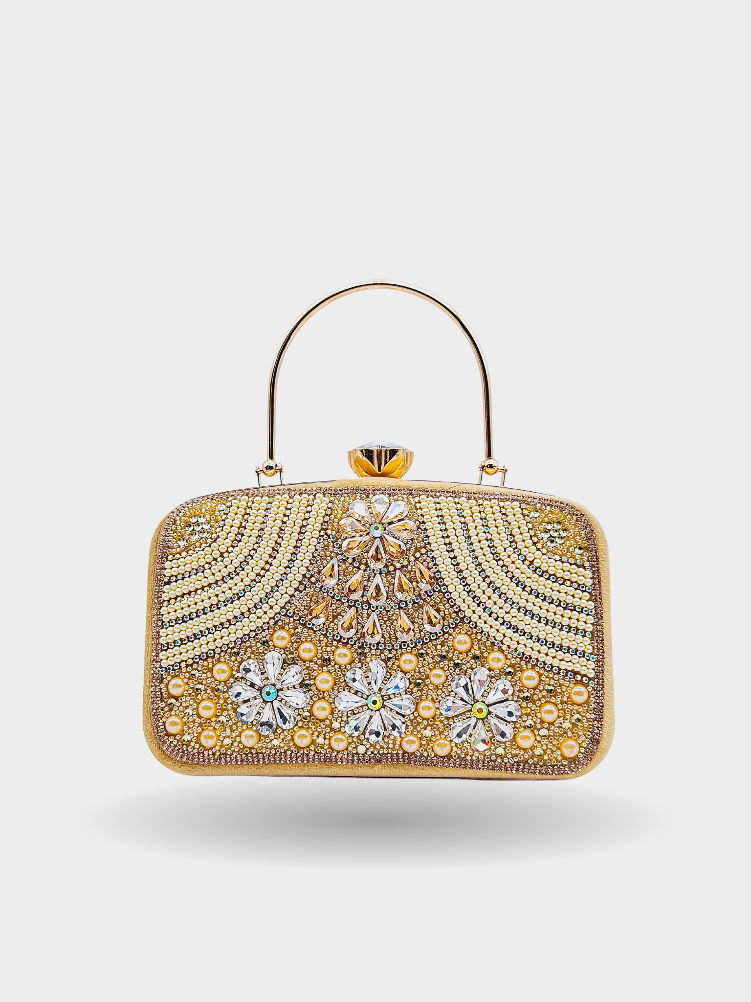 Handcrafted Crystal & Pearl Embellished Designer Golden Clutch