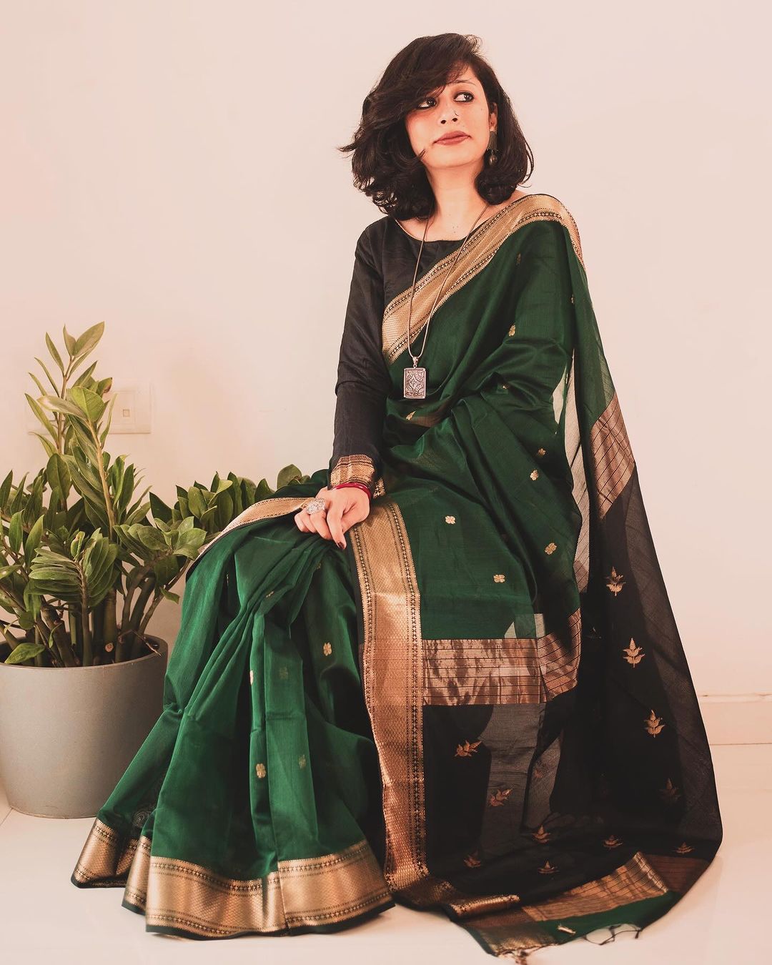 Women's Dark Green Silk Saree with Golden Zari Border