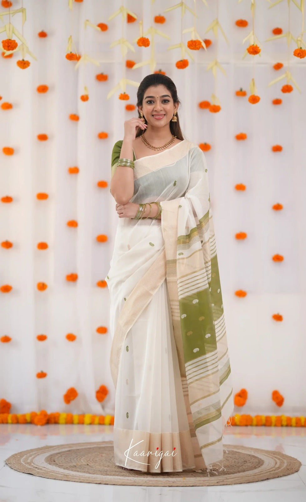 Women's White Saree with Olive Green Border