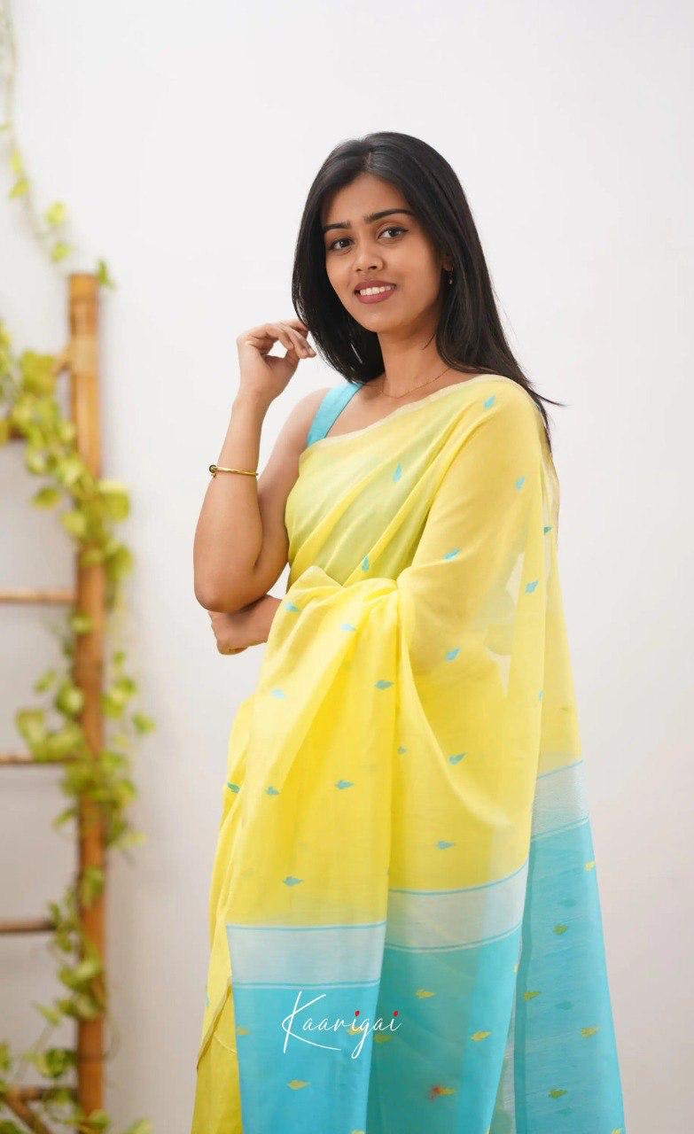 Women's Lemon Yellow Organza Saree with Sky Blue Contrast Pallu & Delicate Woven Motifs