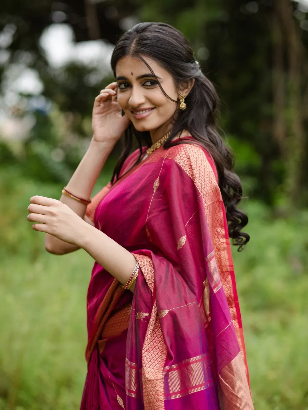 Women's Magenta Pink Silk Saree with Golden Zari Border