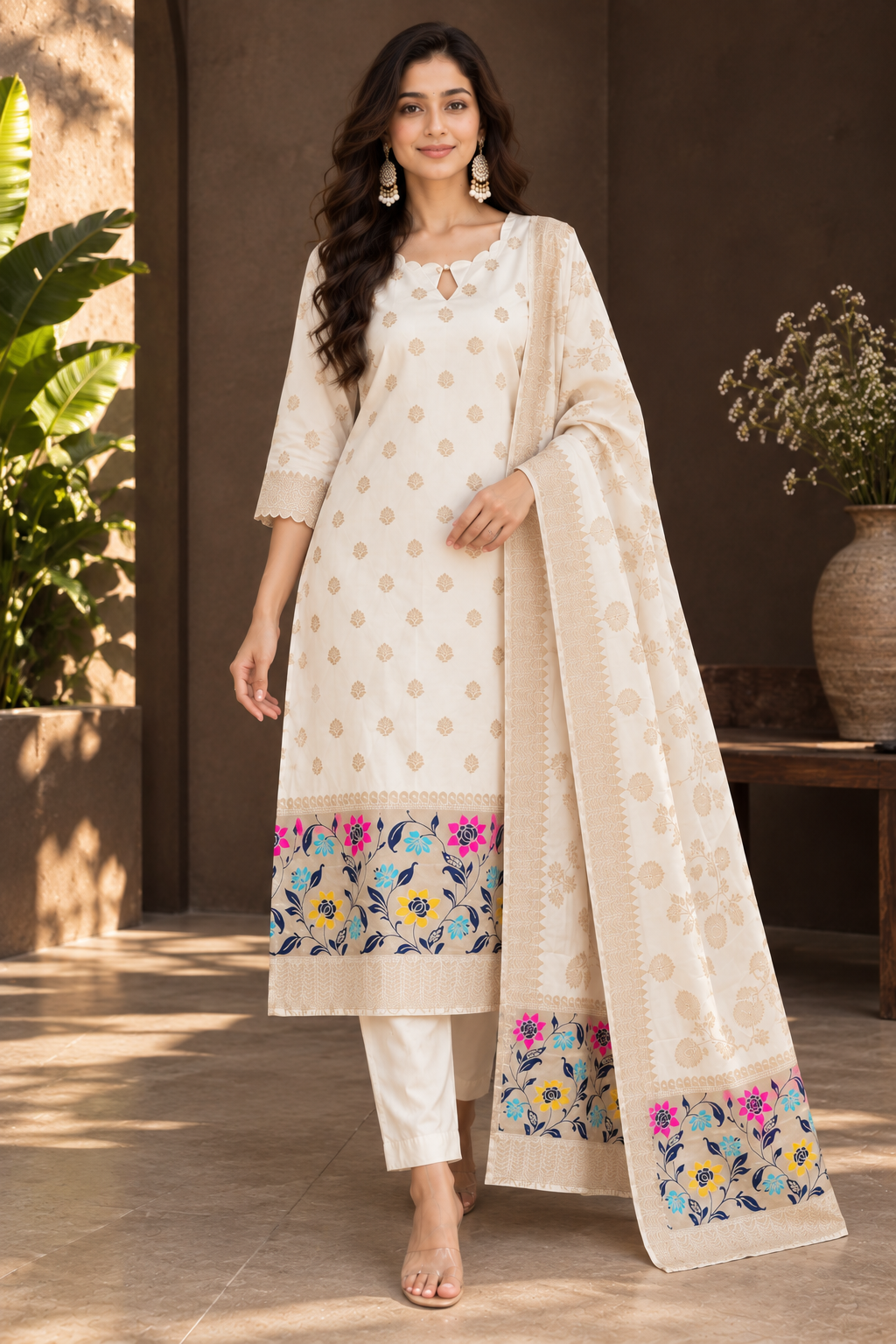 Elegant Ivory Gold Floral Printed Kurta Set with Dupatta for Women
