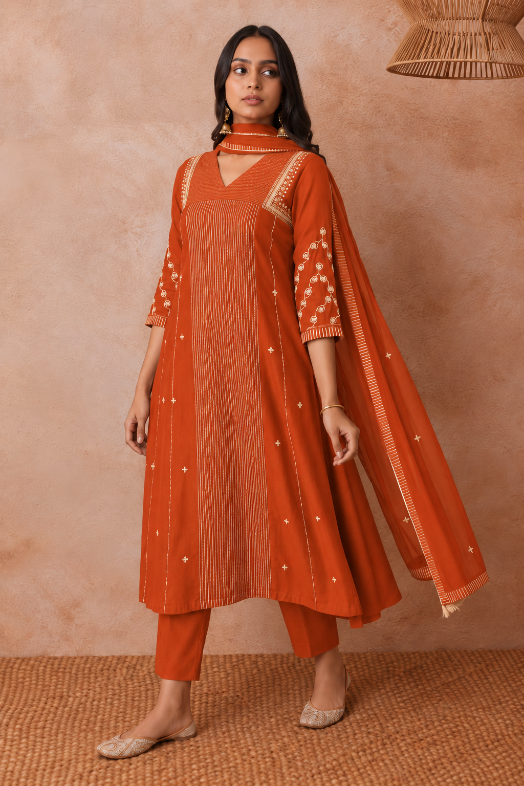 Women's Premium Deep Orange Embroidered Anarkali with Dupatta