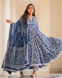 Blue Cotton Printed Kurti With Pant & Dupatta Set