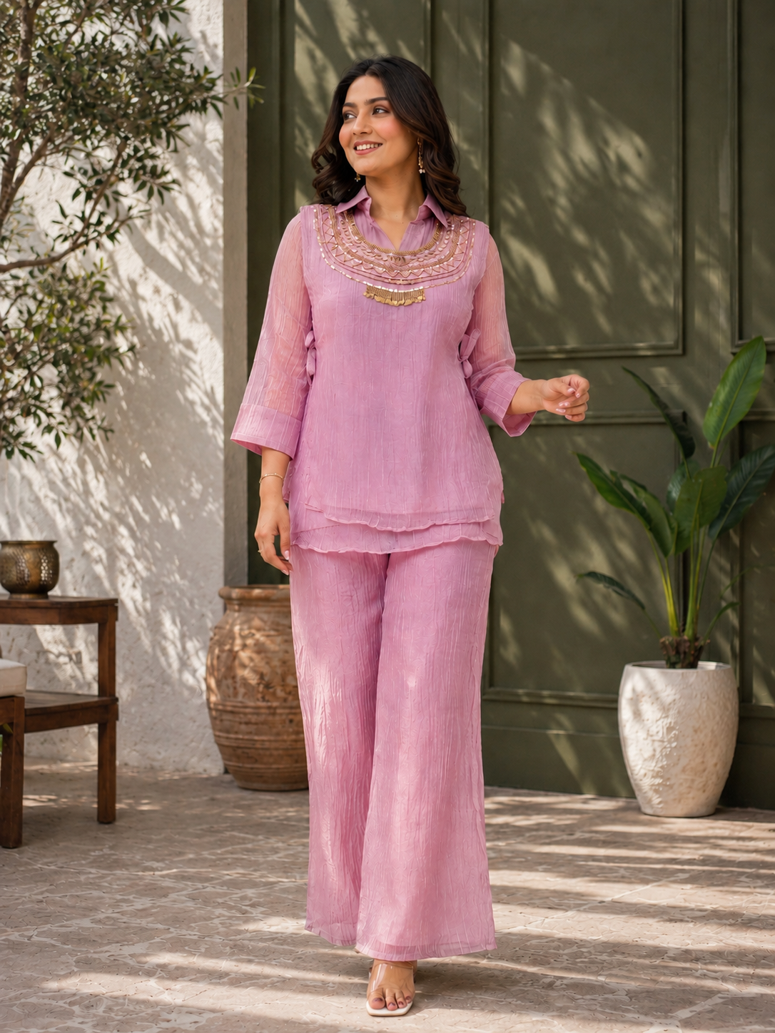 Pink Textured Kurta Palazzo Co-Ord Set with Statement Neck Embellishment