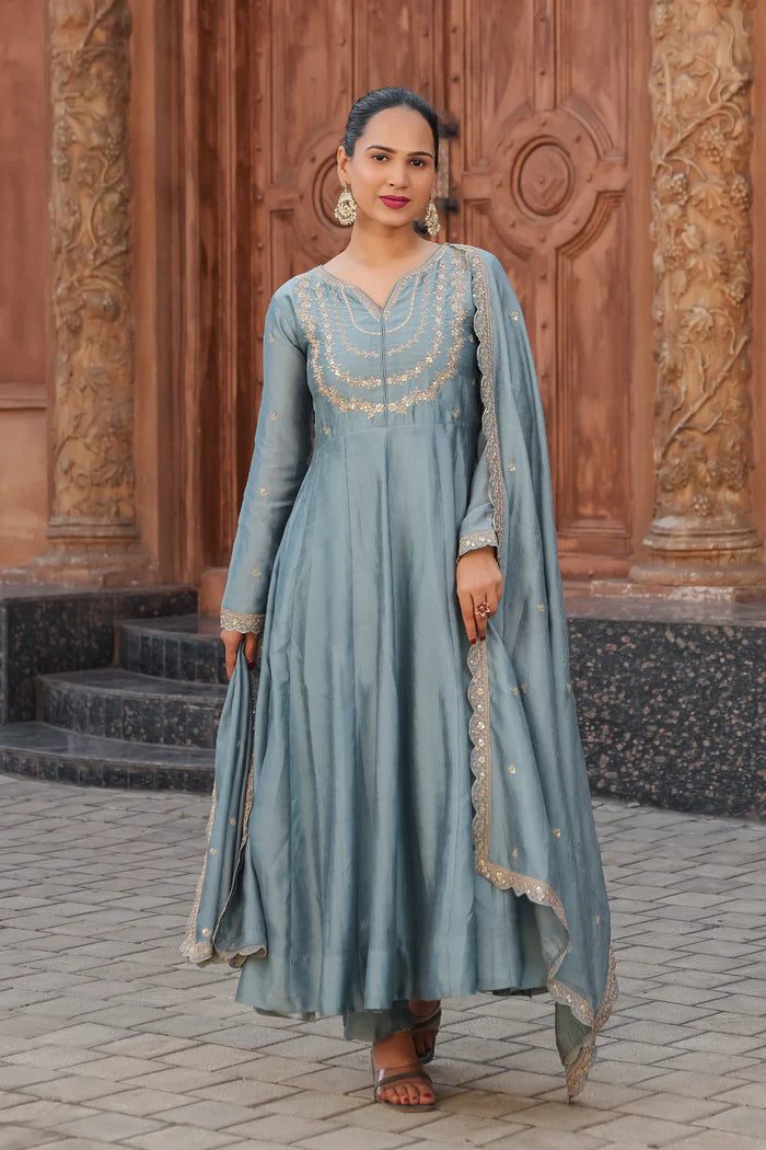 Elegant Sky Embroidered Kurta Set with Dupatta for Women