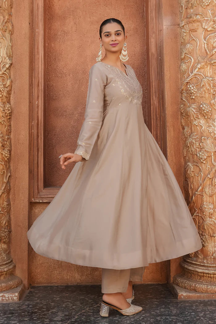 Elegant Taupe Embroidered Kurta Set with Dupatta for Women