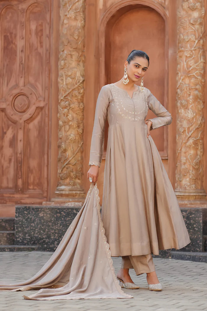 Elegant Taupe Embroidered Kurta Set with Dupatta for Women