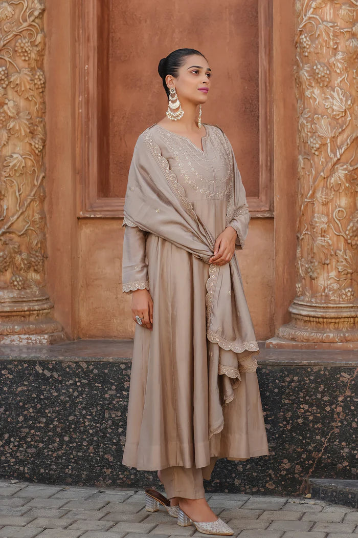 Elegant Taupe Embroidered Kurta Set with Dupatta for Women