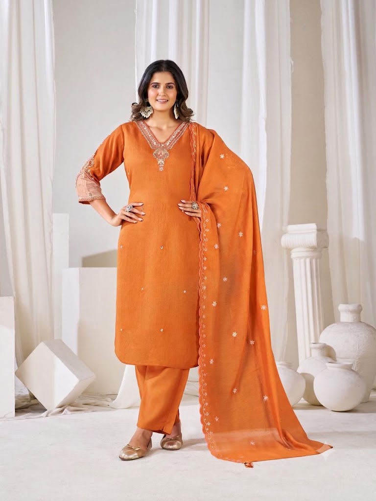 Rust Orange Embroidered Kurta Pant & Dupatta Set for Women