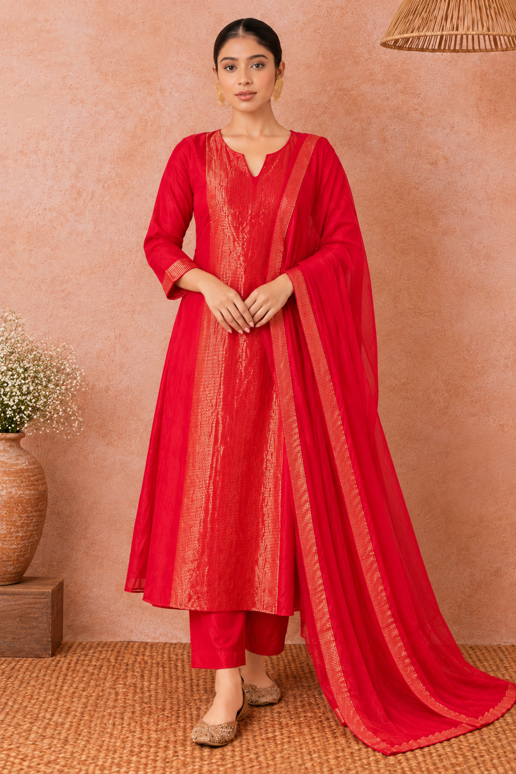 Red Gold Woven Kurta Set with Dupatta