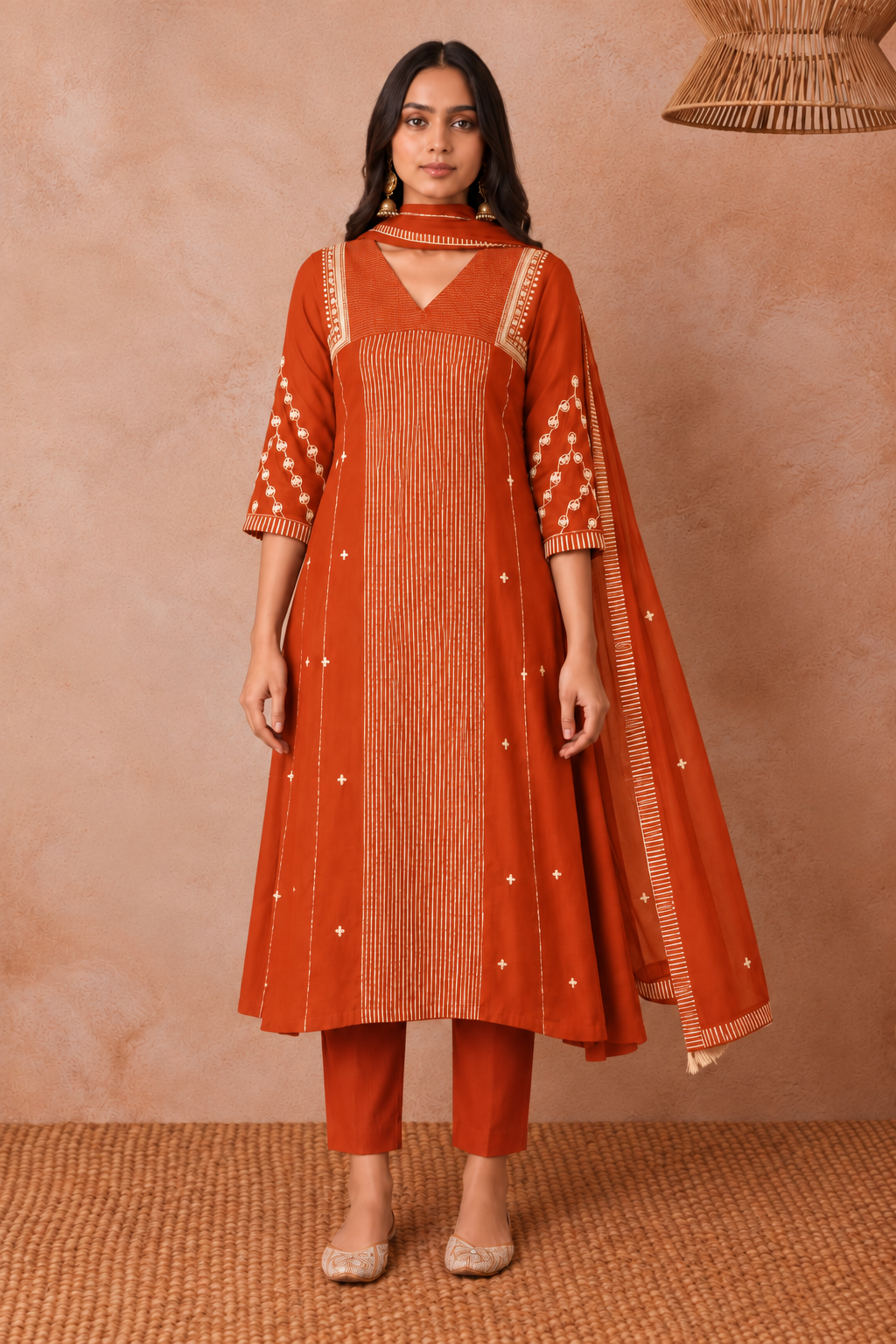 Women's Premium Deep Orange Embroidered Anarkali with Dupatta