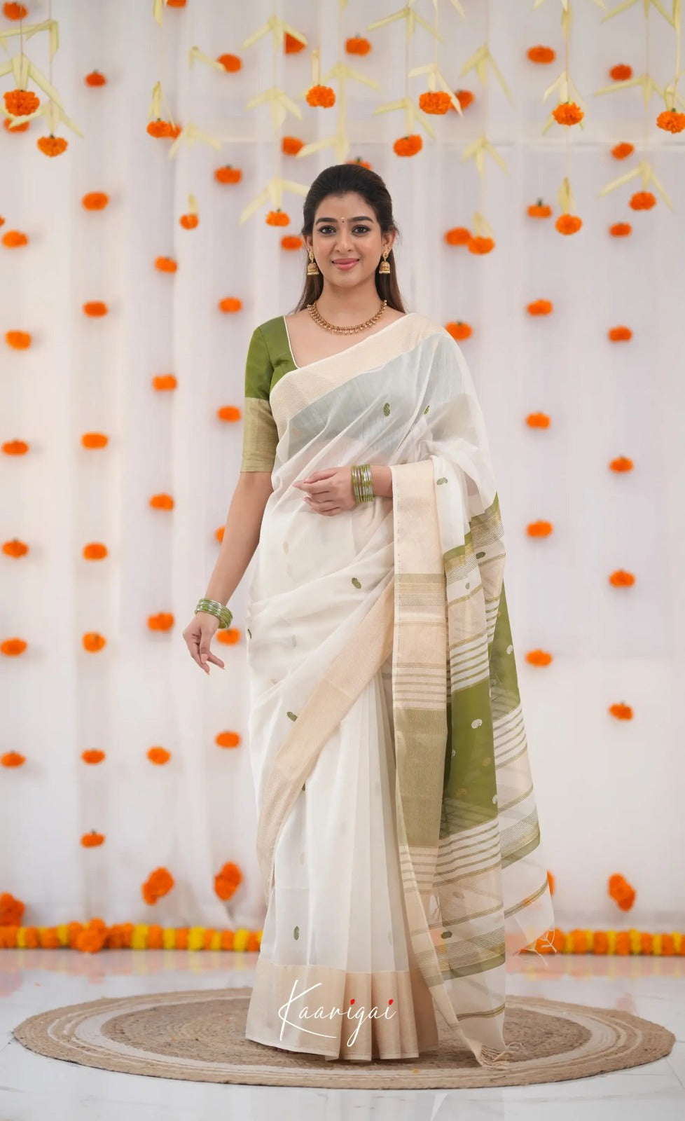 Women's White Saree with Olive Green Border