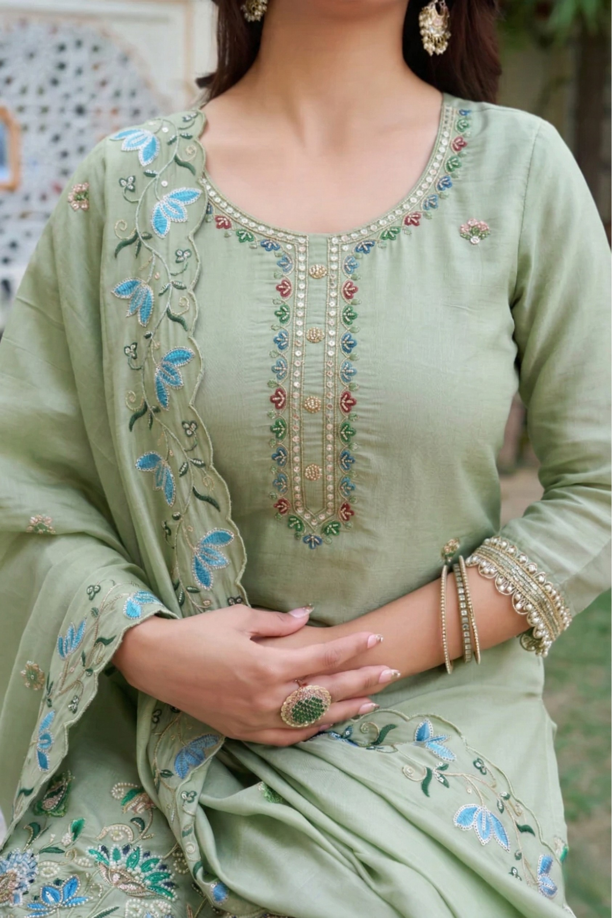 Pastel Green Embroidered Kurta Set with Palazzo & Floral Dupatta for Women
