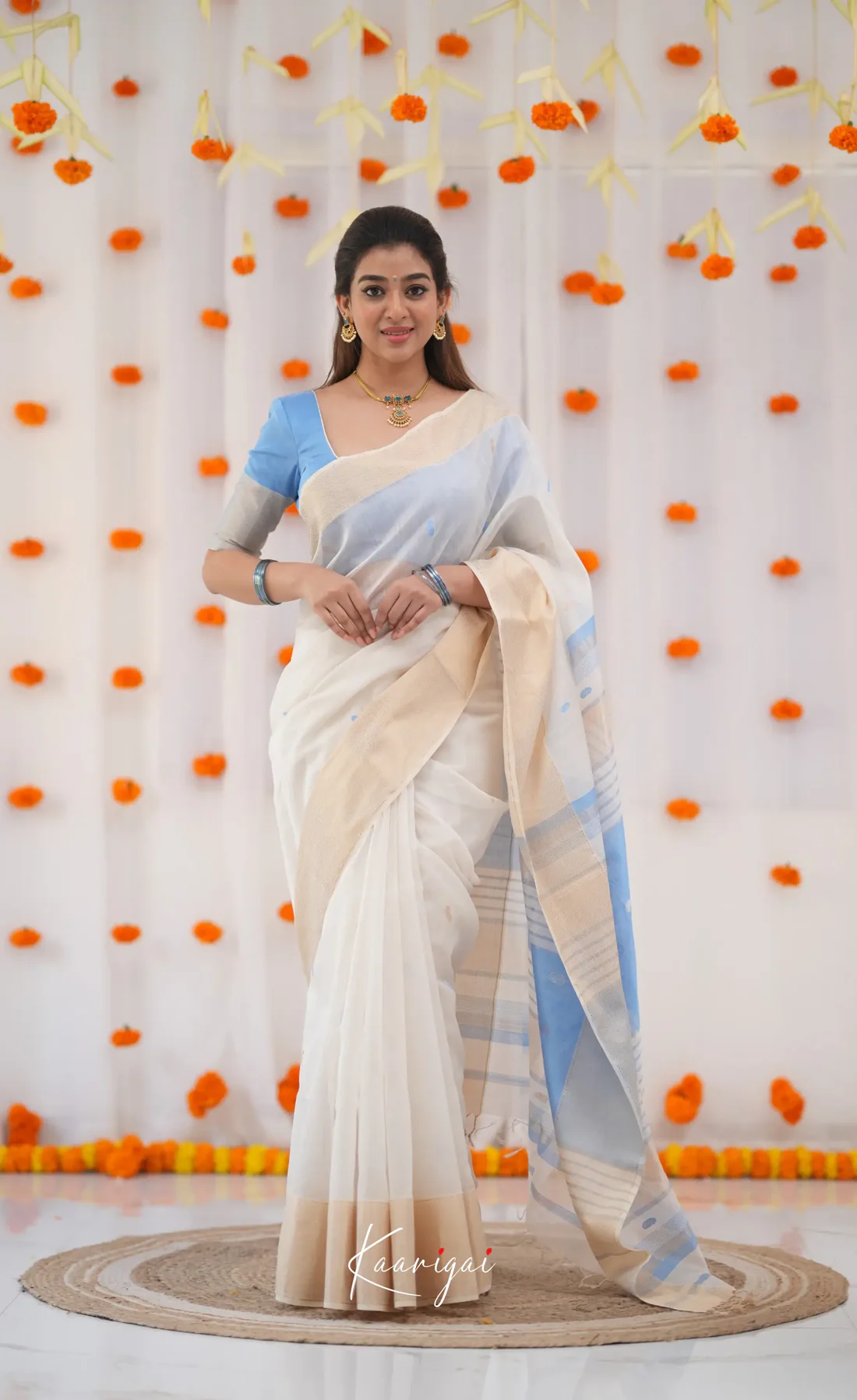 Women's White & Sky Blue Border Saree