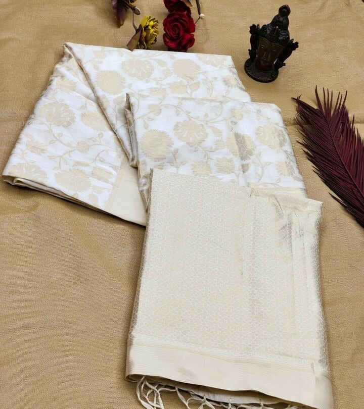 Classic Ivory Banarasi Silk Saree with Golden Zari Weaving