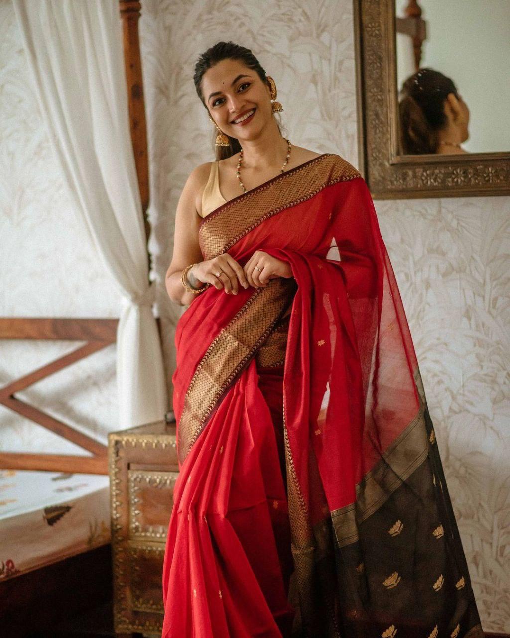 Women's Ruby Red Silk Saree with Golden Zari Border
